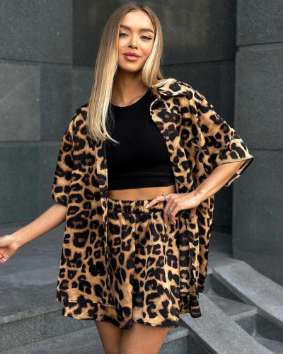 Leopard print short-sleeved summer shorts women's two-piece set