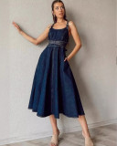 Elegant solid color high waist strap denim midi dress