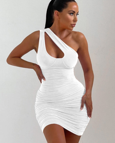 Pleated sexy slim one shoulder mini white dress