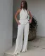 Summer halter neck sexy vest pleated high waist wide leg pants suit