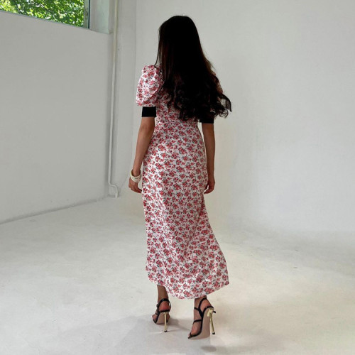 Summer contrasting color short-sleeved retro printed long dress