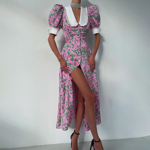 Summer contrasting color short-sleeved retro printed long dress