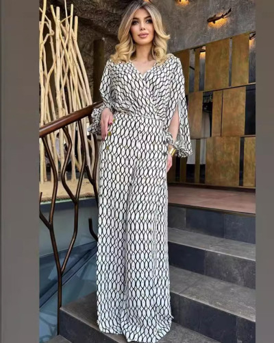 Fashionable printed loose long-sleeved top and high-waisted wide-leg pants two-piece set