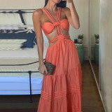 Summer resort style solid color hollow out long maxi dress