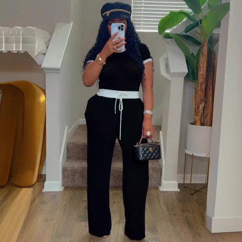 Summer casual street ribbed contrasting round neck short-sleeved pants two-piece set