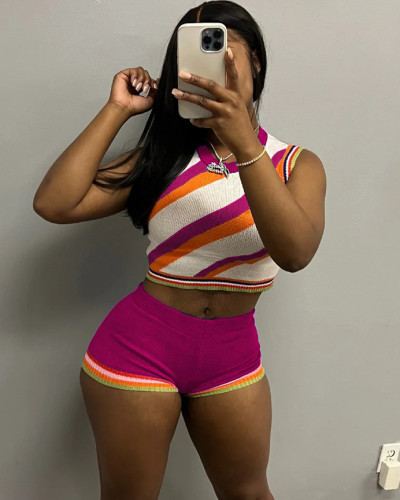 Summer Sleeveless Vest High Waist Slim Fit Short Knitted Set