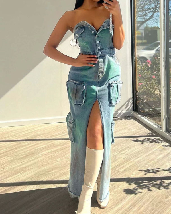 Sexy strapless tie-dye slit denim dress