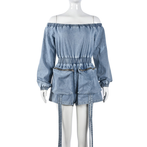 Sexy strapless washed denim rompers jumpsuit