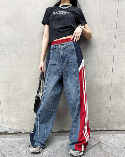 Street contrasting color patchwork high waist trousers loose jeans for women summer