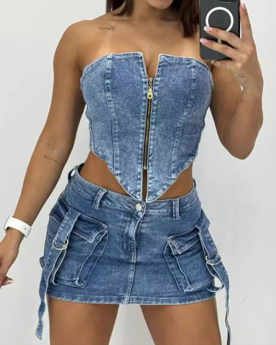 Summer strapless top mini skirt denim outfit