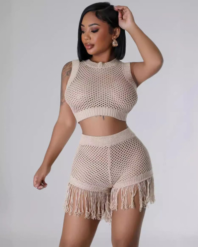 Summer knitted handhook hollow tassel sexy shorts two-piece set