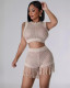 Summer knitted handhook hollow tassel sexy shorts two-piece set