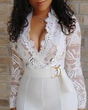 Sexy deep V see-through lace patchwork jumpsuit with belt