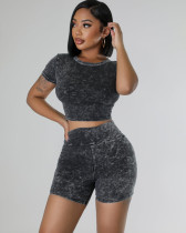 Summer distressed crop top high-waisted shorts two-piece set