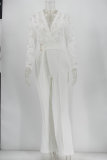 Sexy deep V see-through lace patchwork jumpsuit with belt