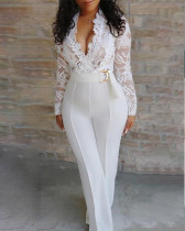 Sexy deep V see-through lace patchwork jumpsuit with belt