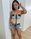 Denim tube top shorts stretch suit