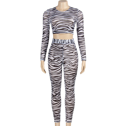 Summer Fashion Striped Printed Long Sleeve Cropped Top Women's Pants Suit