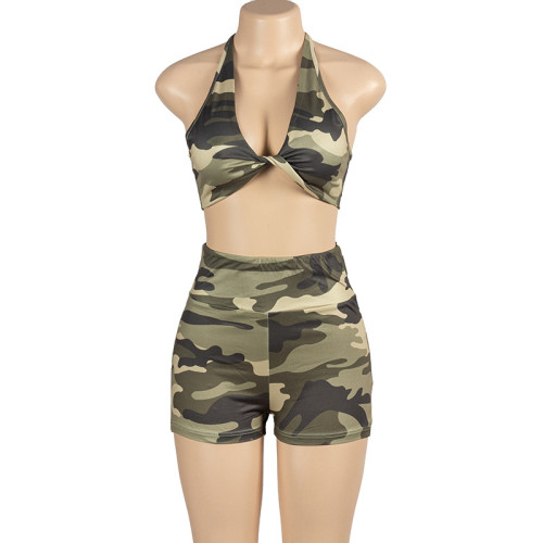 Summer Sleeveless Halter Short Crop Top High Waist Camouflage Women's Shorts Set