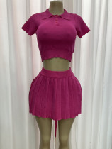 Summer solid color short-sleeved lapel pleated skirt knitted two-piece set