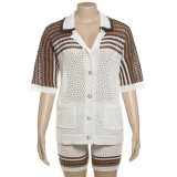Summer Fashion Hollow Lapel Top High Waist Shorts Knitted Set