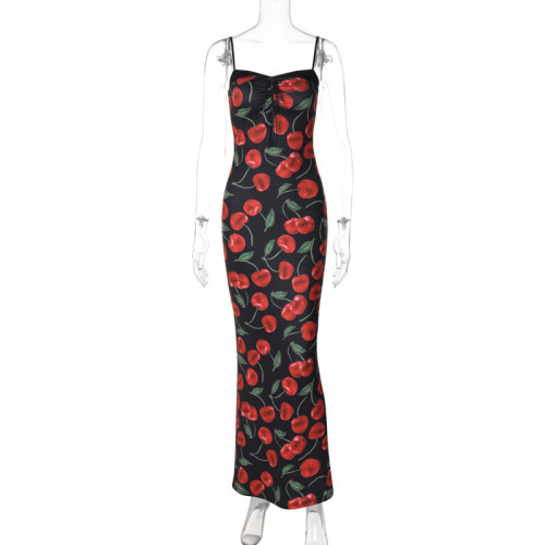 Summer sweet floral print slim-fit straps long dress