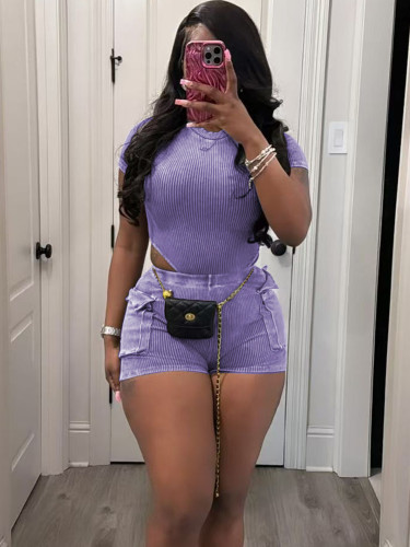 Summer casual ribbed bodysuit shorts set