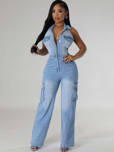 Summer tight waist slim fit stretch washed denim jumpsuit