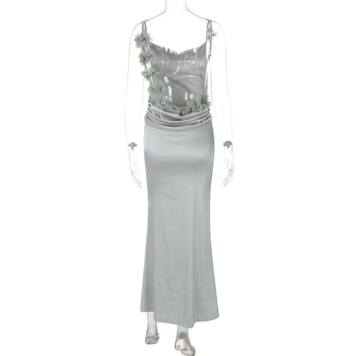 Summer flower-decorated long dress backless evening dress