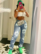 Summer street style printed high waist casual straight jeans