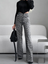 Leopard print jeans women's high waist slim straight trousers