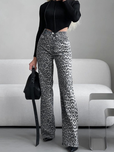 Leopard print jeans women's high waist slim straight trousers
