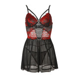 Mesh lace metal chain love sling lingerie two-piece set