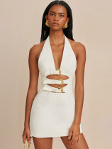 Sexy solid color halter neck slim fit metal button ladies short dress