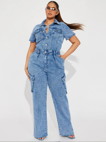Summer tight waist slim elastic washed denim jumpsuit
