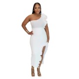 Solid Color Ruffled One Shoulder Slit Two Piece Skirt Set