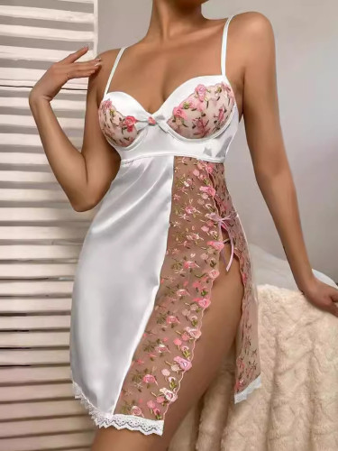 Sexy lingerie embroidered mesh side-slit nightdress set
