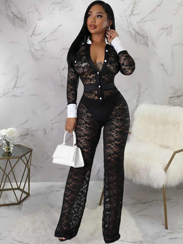 Summer Transparent Lace Contrast Color Jumpsuit