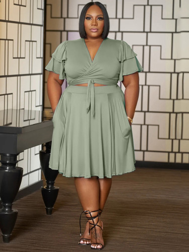 Plus Size Ruffle Sleeve V Neck Plus Size Skirt Set