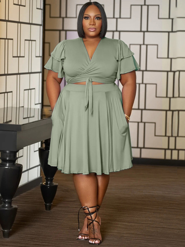 Plus Size Ruffle Sleeve V Neck Plus Size Skirt Set