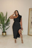 Solid Color Ruffled One Shoulder Slit Two Piece Skirt Set