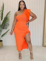 Solid Color Ruffled One Shoulder Slit Two Piece Skirt Set