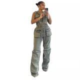 Hooded overalls casual stretch denim jumpsuit