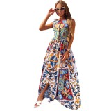 Printed Holiday Style Round Neck Sleeveless Ladies Long Dress