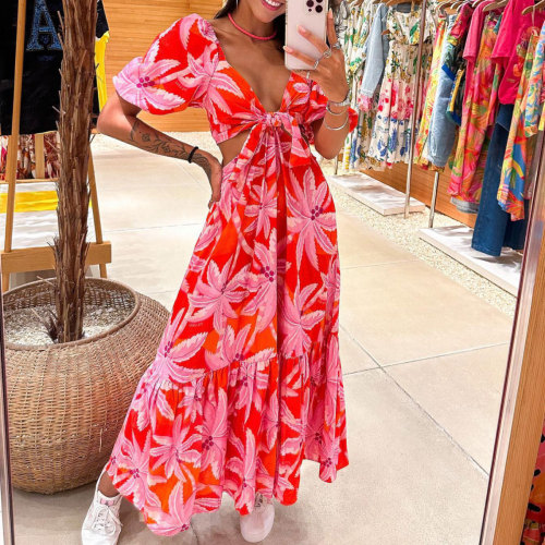 Summer V-neck short-sleeved high-waisted A-line long dress for women