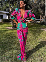 Printed Sexy Deep V Neck Waist Short Sleeve Irregular Ladies Long High Slit Dress