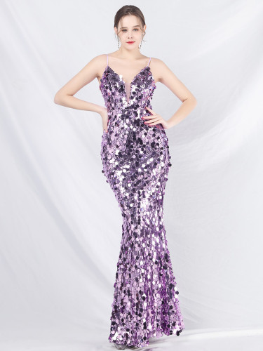 High-end sling sequins long evening dress