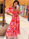 Summer V-neck short-sleeved high-waisted A-line long dress for women