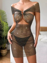 Sexy fishnet rhinestone V-neck dress