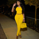 Summer solid color ribbed V-neck short-sleeved top tight pants casual suit